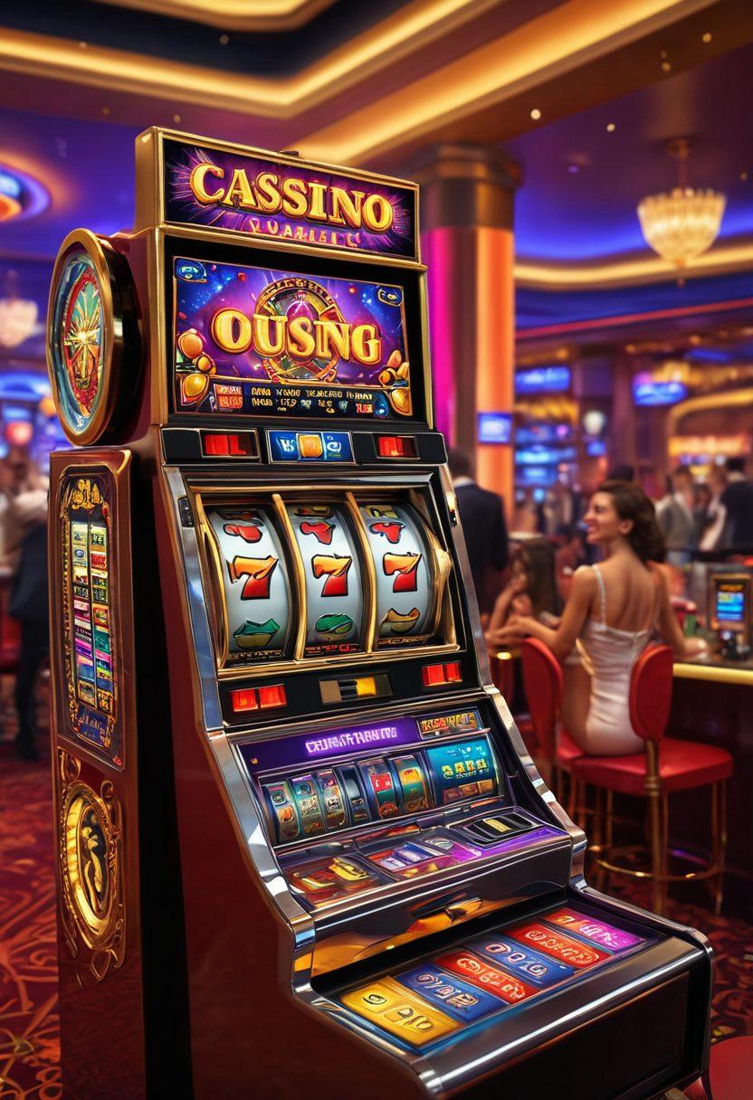 A glamorous casino scene featuring a large, inviting VIP slot machine surrounded by colorful lights and coins. In the background, a group of excited players celebrates a big win while elegant cocktails sit on the tables. Include hints of digital gaming elements, like virtual feedback screens showcasing online gaming stats. The overall mood should be luxurious and fun, bursting with energy. super-realistic. vibrant colors. 3D.