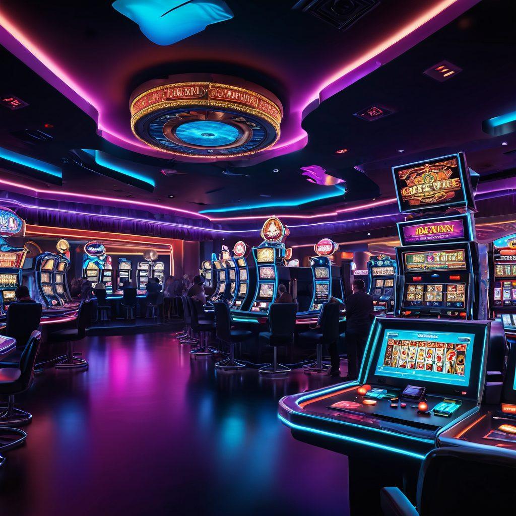 A vibrant casino scene bustling with life, featuring neon lights, animated slot machines, and diverse players enjoying card games at a luxurious poker table. In the background, a large digital screen displays tips for online gambling success. Capture the feeling of excitement and the allure of winning. cyberpunk style. vibrant colors. 3D.