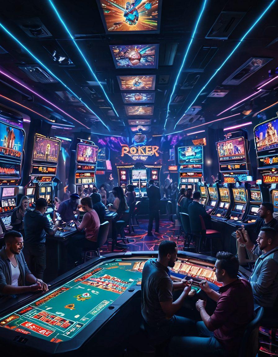 A vibrant casino scene filled with excited players at various virtual gambling stations, like poker and slot machines, surrounded by glowing neon lights and animated virtual screens displaying high scores and winning messages. A diverse group of people, representing different backgrounds, are seen celebrating their wins, with confetti falling around them. The atmosphere is electric and dynamic, emphasizing excitement and strategy in virtual gambling. super-realistic. vibrant colors. cyberpunk.